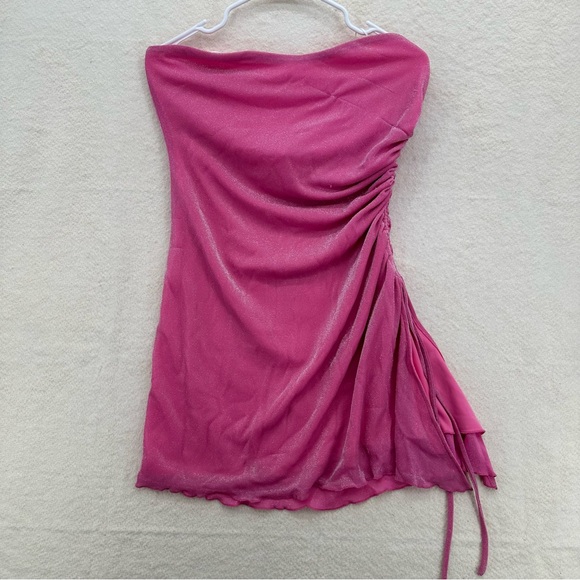 Coquette Whimsical Princess Polly Hot Pink Glitter Ruched Strapless Mini Dress - Picture 2 of 6